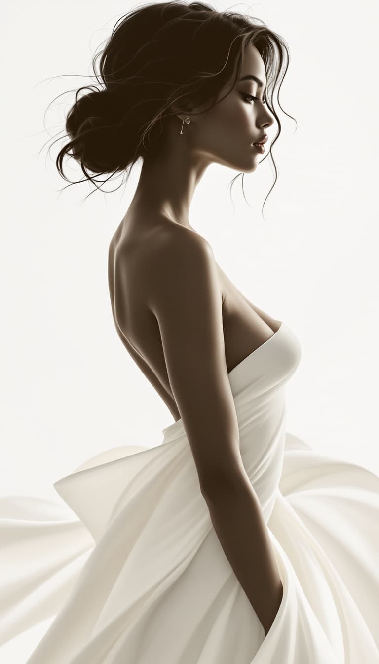 AI generated: "Sculpted Silhouette in Minimalist Scene": A striking woman is portrayed against a bright white back...