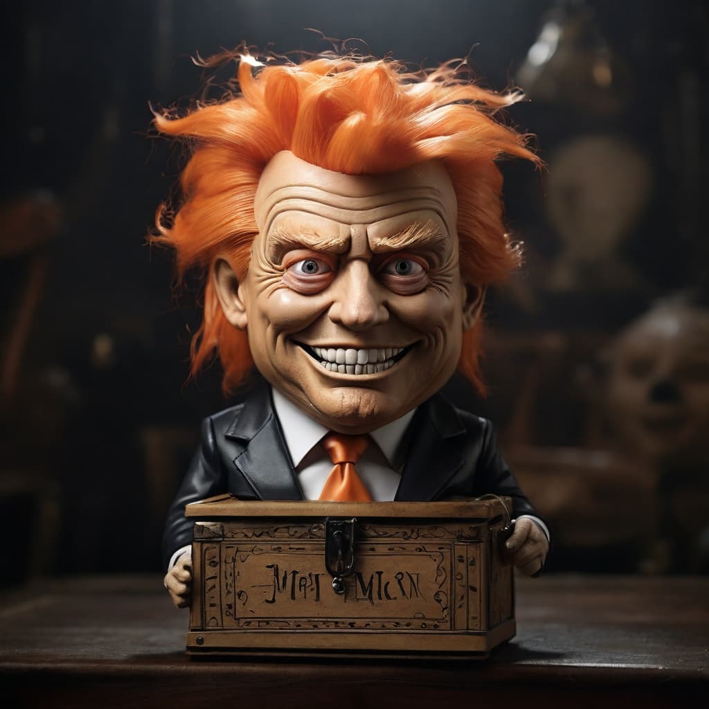 AI generated: In the scene stands a grotesque Jack-in-the-Box, its eerie visage bearing the features of former Pre...