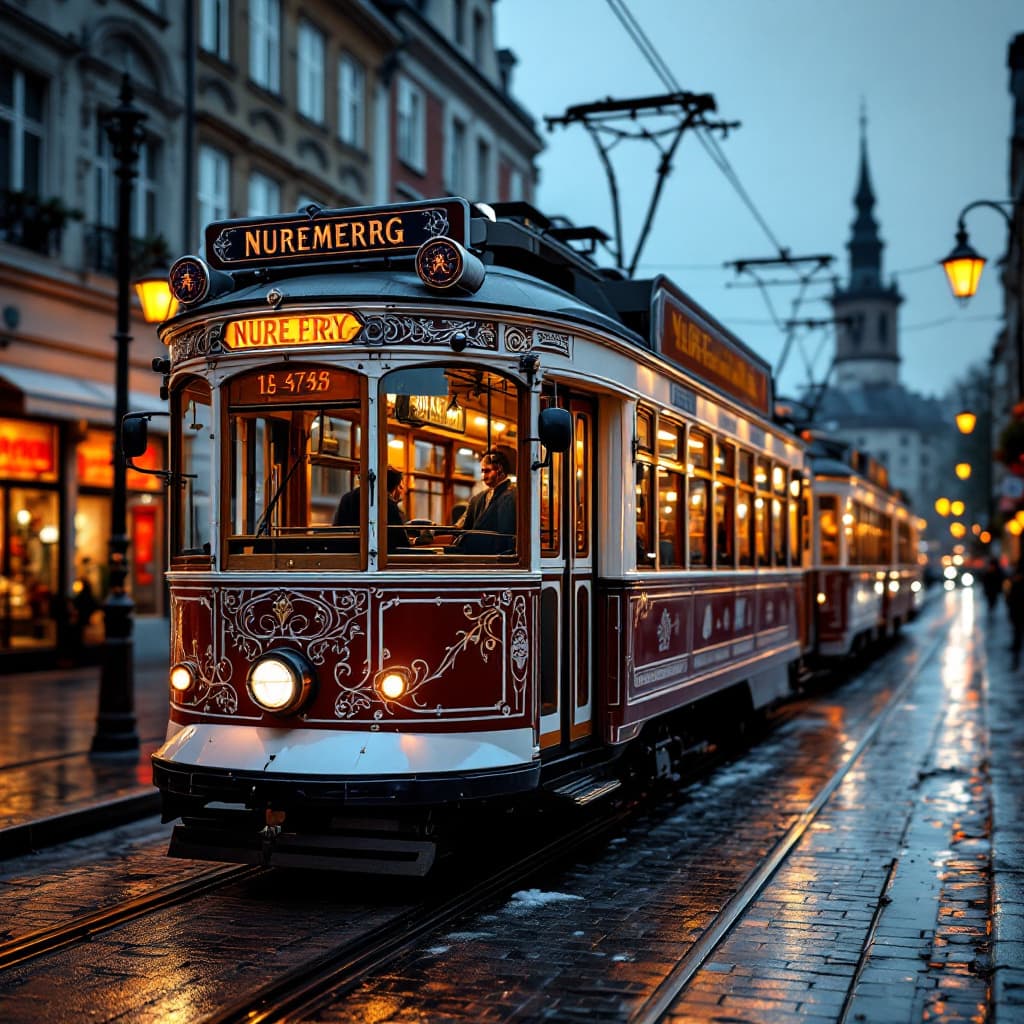 AI generated: A hyper-detailed, photo-realistic, hyper-realistic beautiful old Tram in the city of Nuremberg. The ...
