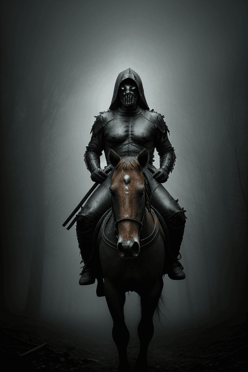 AI generated: horseman of the apocalypse - Hunger, in style of fog and metal, detailed face, lush environment, cin...