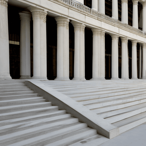 AI generated: un auditorio con fachada de vidrios y columnas blancas con escaleras exteriores 
