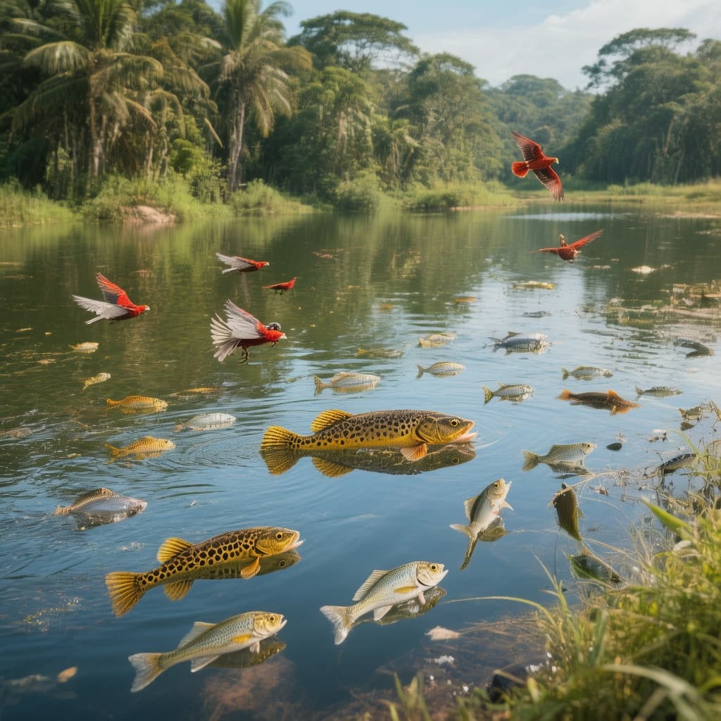 AI generated: sabana llanera con un lago y mucha selva llanera con morichales y aves rojas volando y los veces tip...