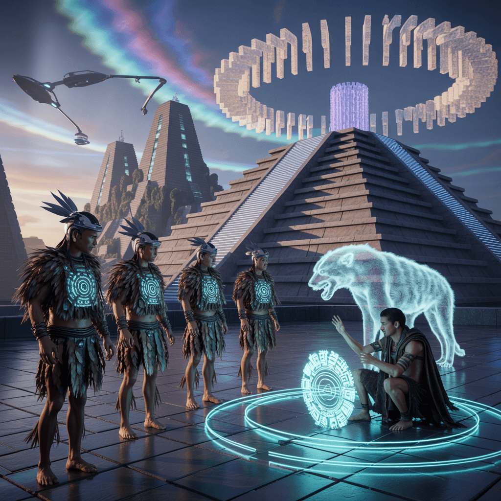 AI generated: An ultra-futuristic Mesoamerican tribe gathered atop a terraced pyramid structure fused with sleek, ...