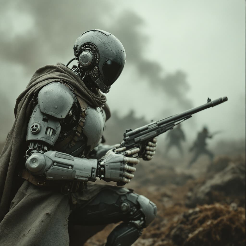 AI generated: a realistic photo of world war one cyborg soldiar, one hand robot, futurastic gun, in a aggrasive ba...