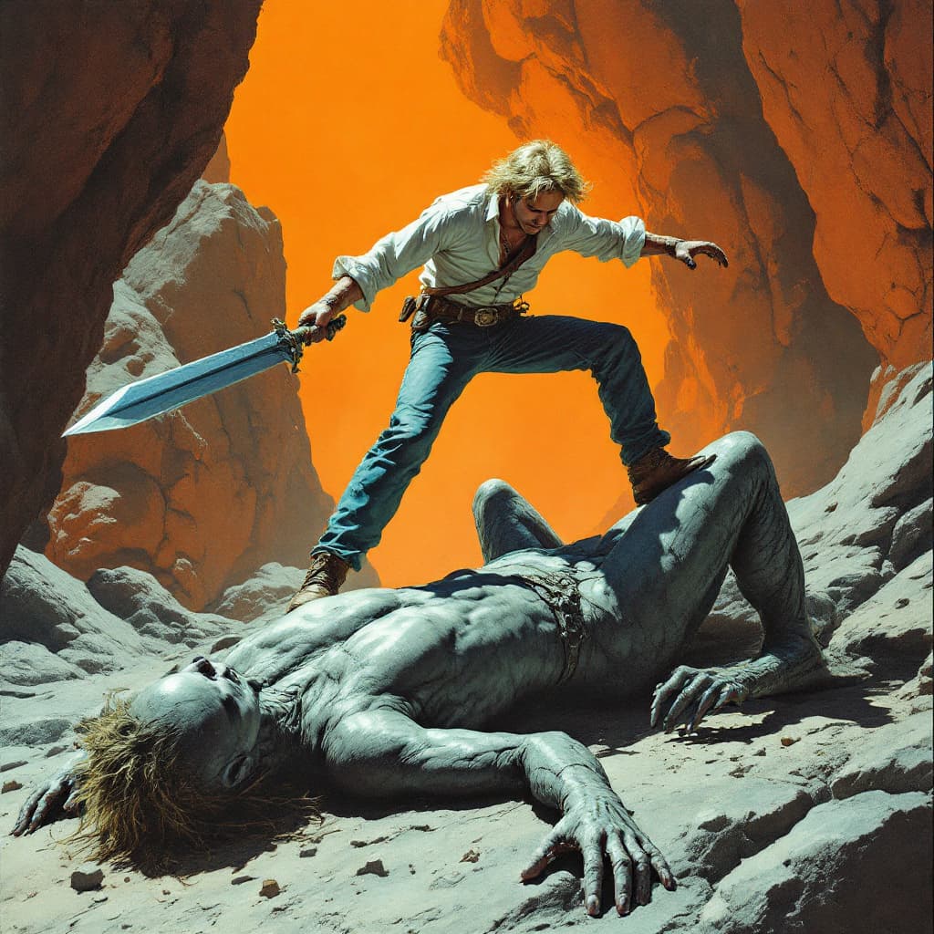 AI generated: A blond man in blue jeans and a white shirt, holding an iron sword, is jumping on top of the body of...