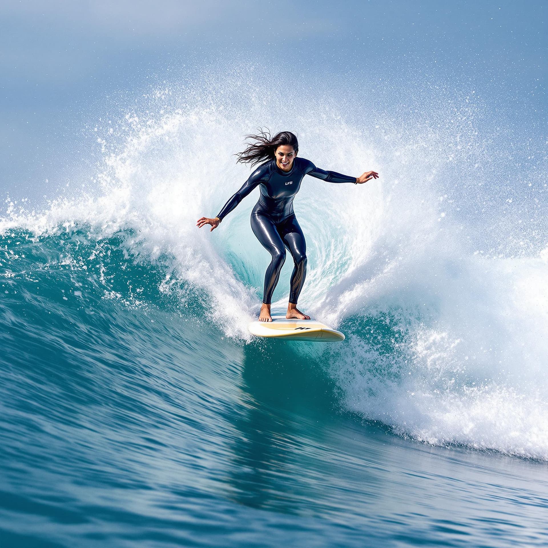 AI generated: The image features a Indian woman riding a wave on a surfboard. She is skillfully navigating the wav...