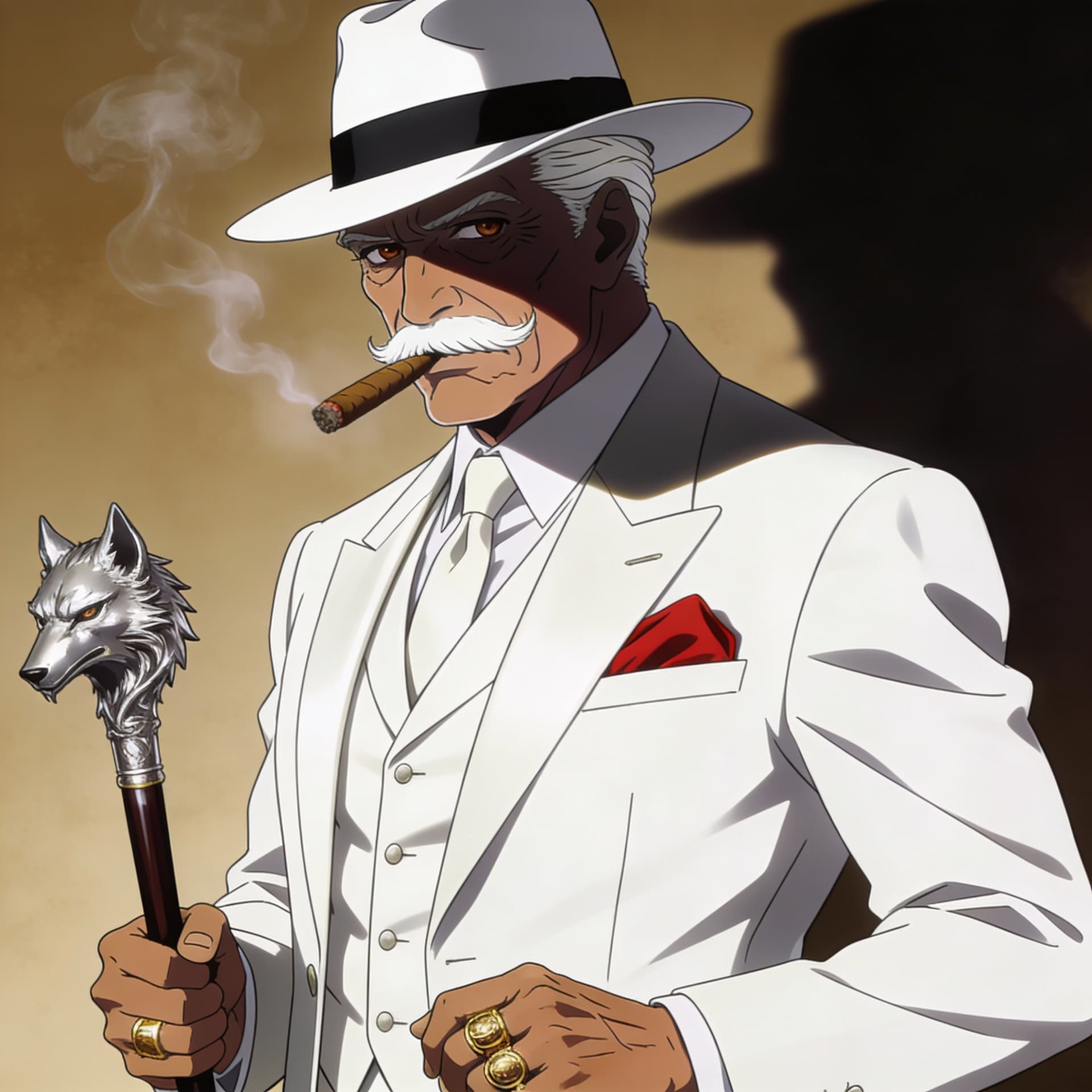 AI generated: A distinguished elderly Brazilian man in his 70s, tan bronzed skin, perfectly styled white hair with...