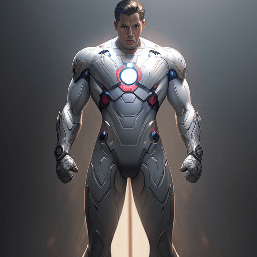 AI generated: male,  superhero, no symbol, full body portrait, fitness body, white 1930s Ironman armor, full body ...