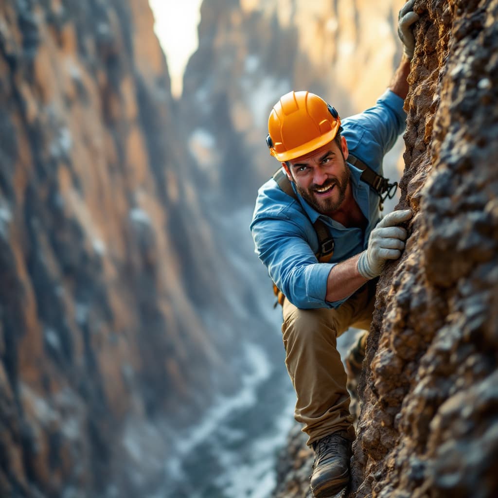 AI generated: A burly masculine man with sharp eyes full of enthusiasm climbing a steep cliff, wearing a light blu...