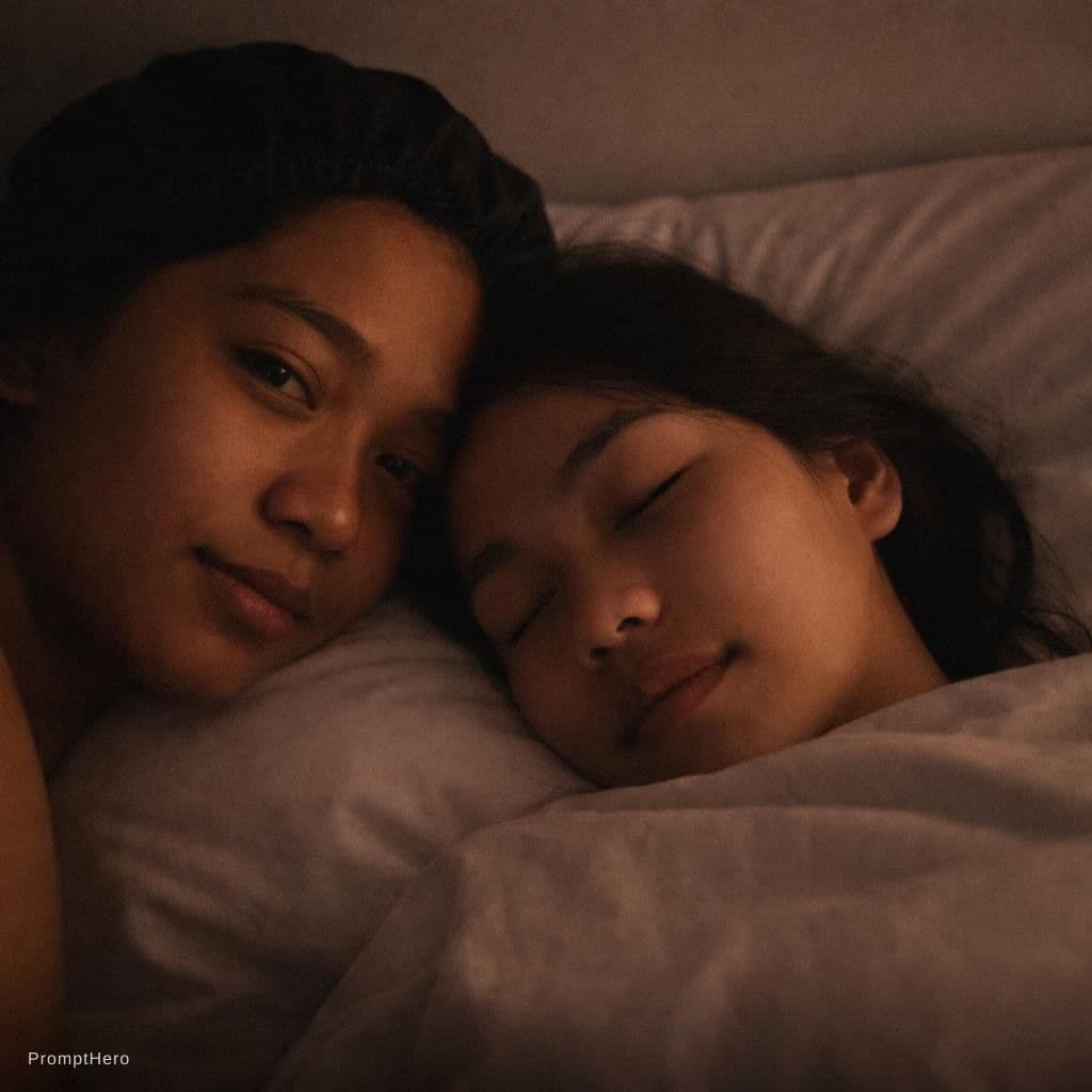 AI generated: A cozy, intimate nighttime photo of two young Filipina women lying side by side on a bed. Warm, dim ...