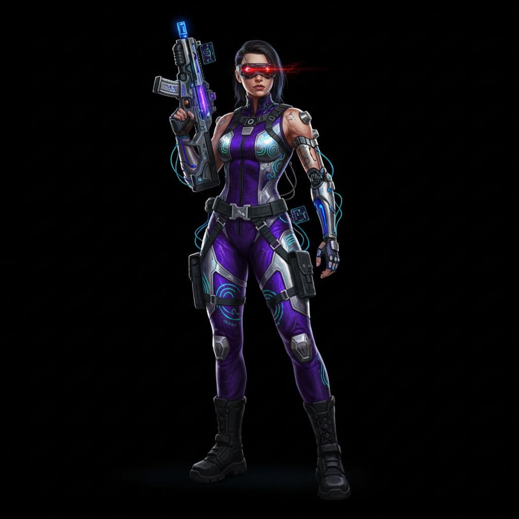 AI generated: 
A rebellious Cyberpunk street racer, wearing a [purple and chrome jumpsuit with holographic accent...