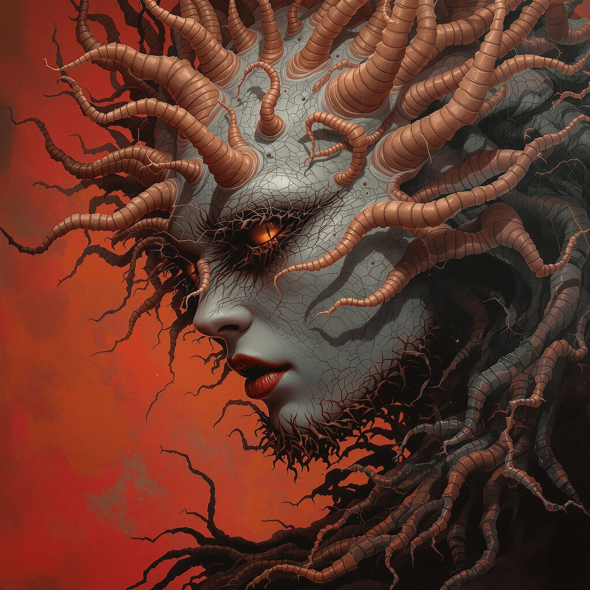 AI generated: combine the horror art styles of Zdzislaw Beksinski, Dariusz Zawadzki to create a hyperreal portrait...