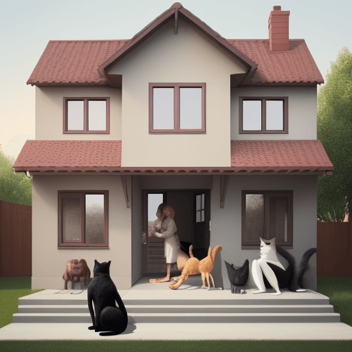 AI generated: house with person in front with a dog and a cat next to them
