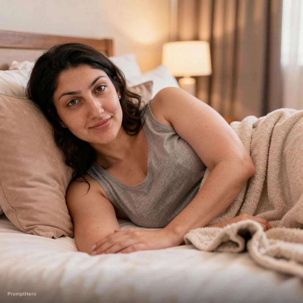 AI generated: Same girl as reference Beautiful Indian girl lying on a bed on her side, wearing a casual sleeveless...