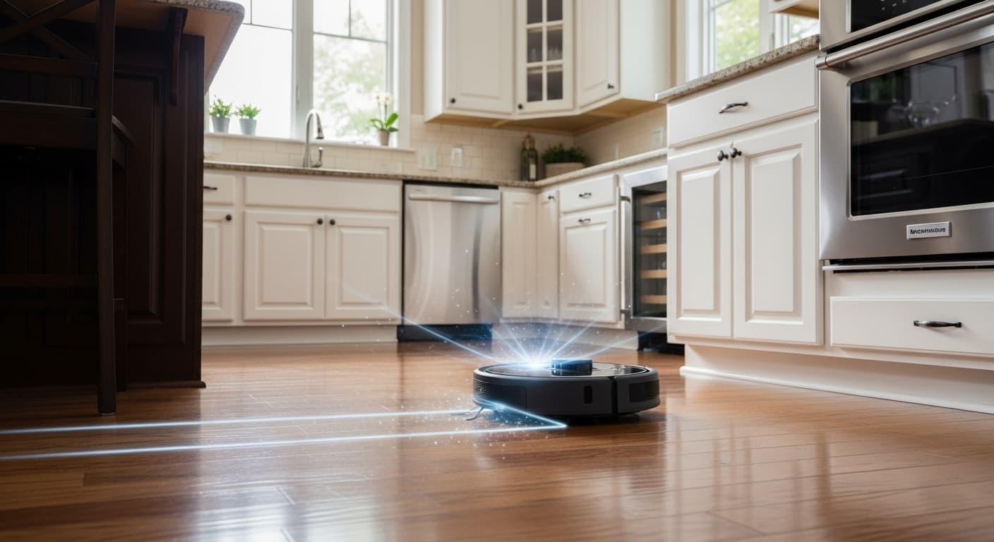 AI generated: robot vacuum cleaner, one, kinematic, 4D, 4K, 8K, realism, in full height, cleans the floors in the ...