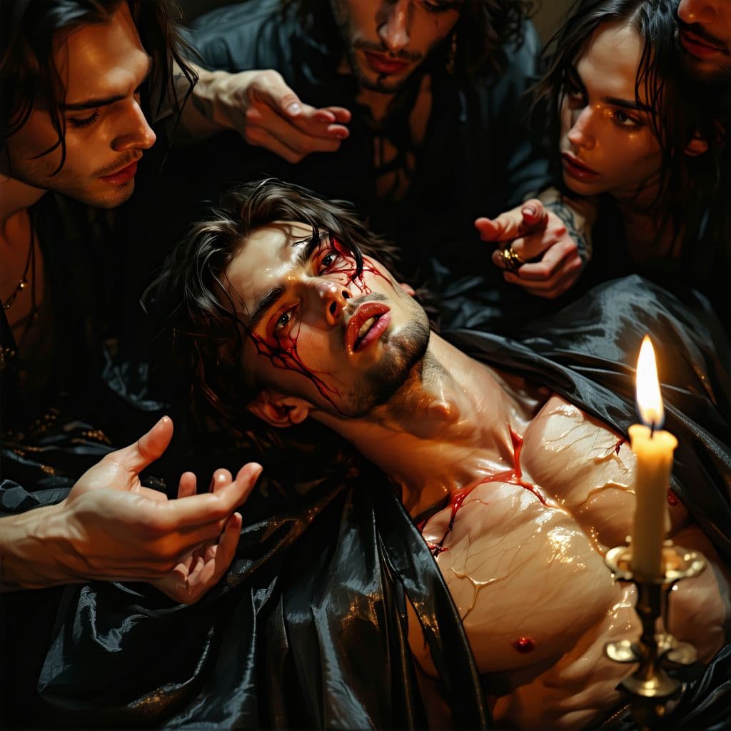 AI generated: Sultry dark smut author with silk robe slipping off, riding a strapped man's face while cowriters sw...