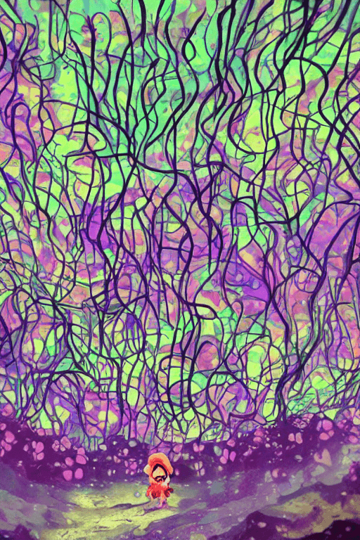 AI generated: neon glowing bioluminescent soft skinned mushroom with luminous forest backdrop, incredible detail, ...