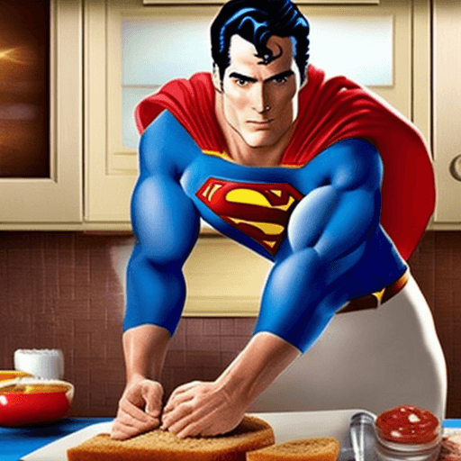 AI generated: superman in the kitchen making toast bread with his laser eyes