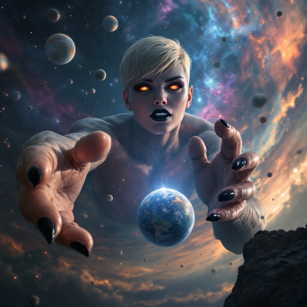 AI generated: enormous androgenous giantess female with a blonde pixie cut looking downward , looming over a tiny ...