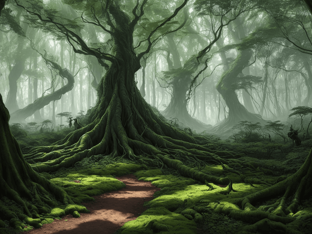 AI generated: a fantastical forest scene with a wide-angle perspective, showcasing a dense and vibrant environment...