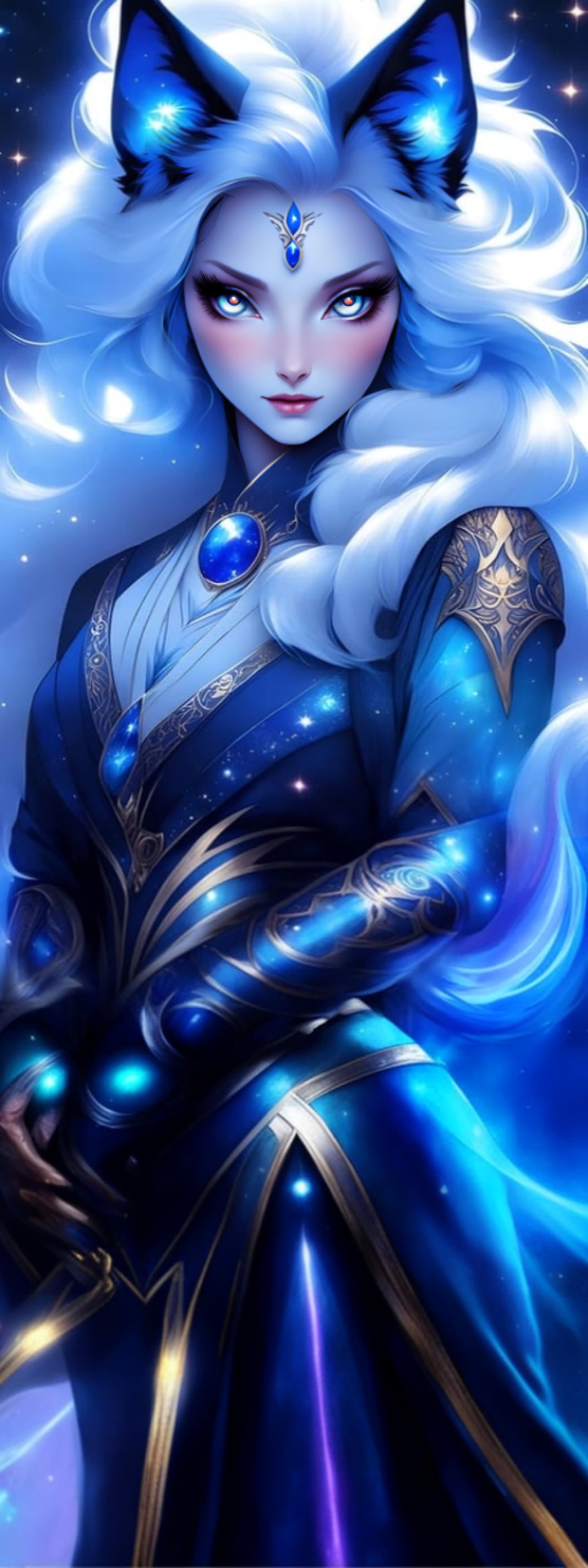 AI generated: ultra beautiful galaxy Kitsune, elegant with the crystal maiden eyes, hypnotic opinion, in ultra det...