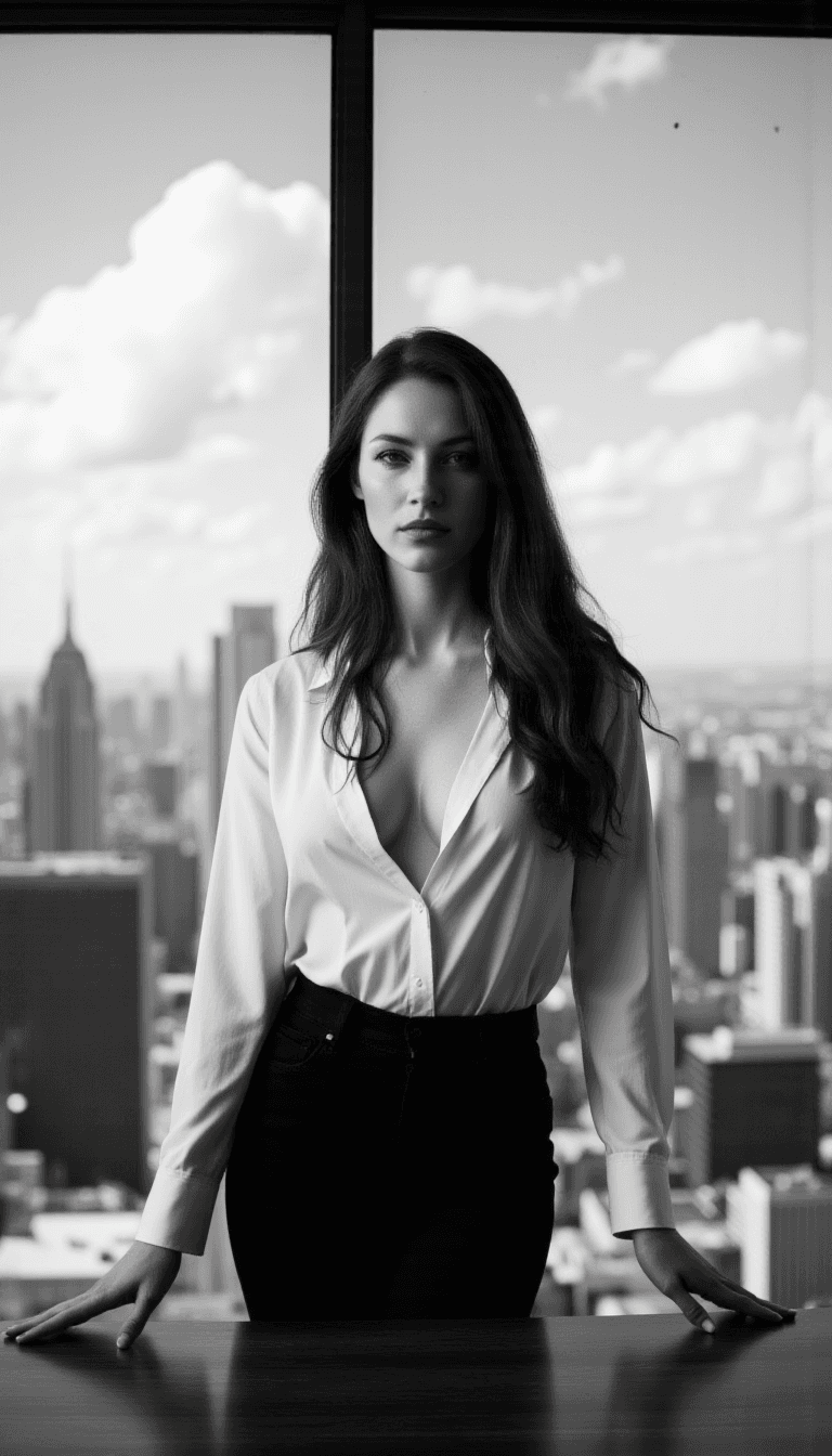 AI generated: This is a black and white photograph of a woman with long flowing brunette hair stands behind a desk...