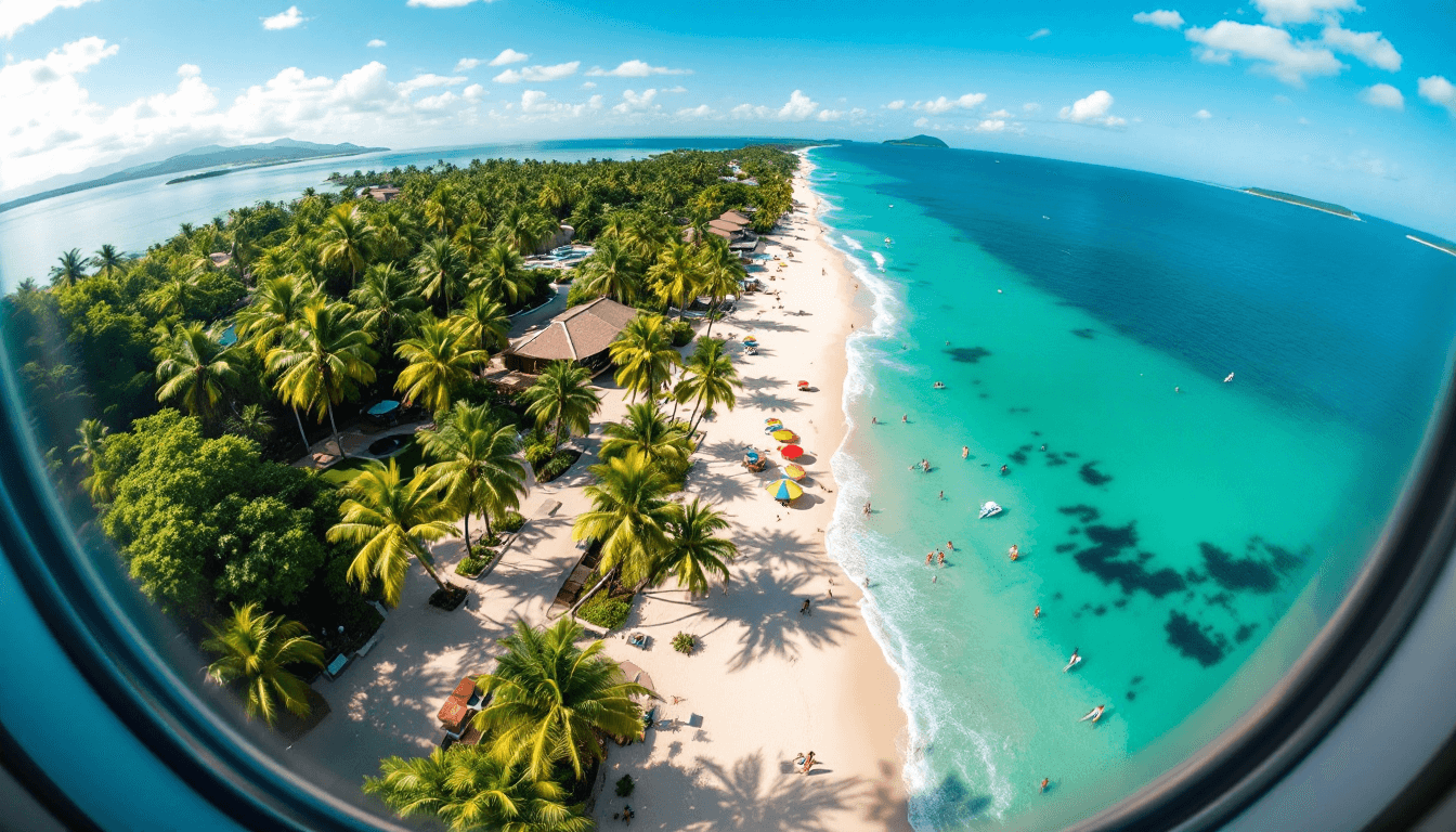AI generated: POV through an airplane window, An aerial view of a tropical seaside promenade with beach houses sur...