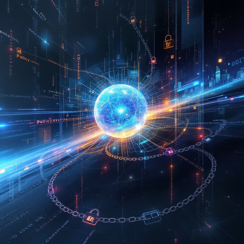 AI generated: "Create an abstract, futuristic scene depicting an AI's constrained potential. At the center, visual...