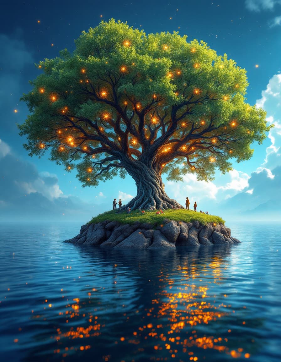 AI generated: 100 mm shot, cinematic shot, award winning CGI, perfect angle, (island Yggdrasil tree, middle of the...