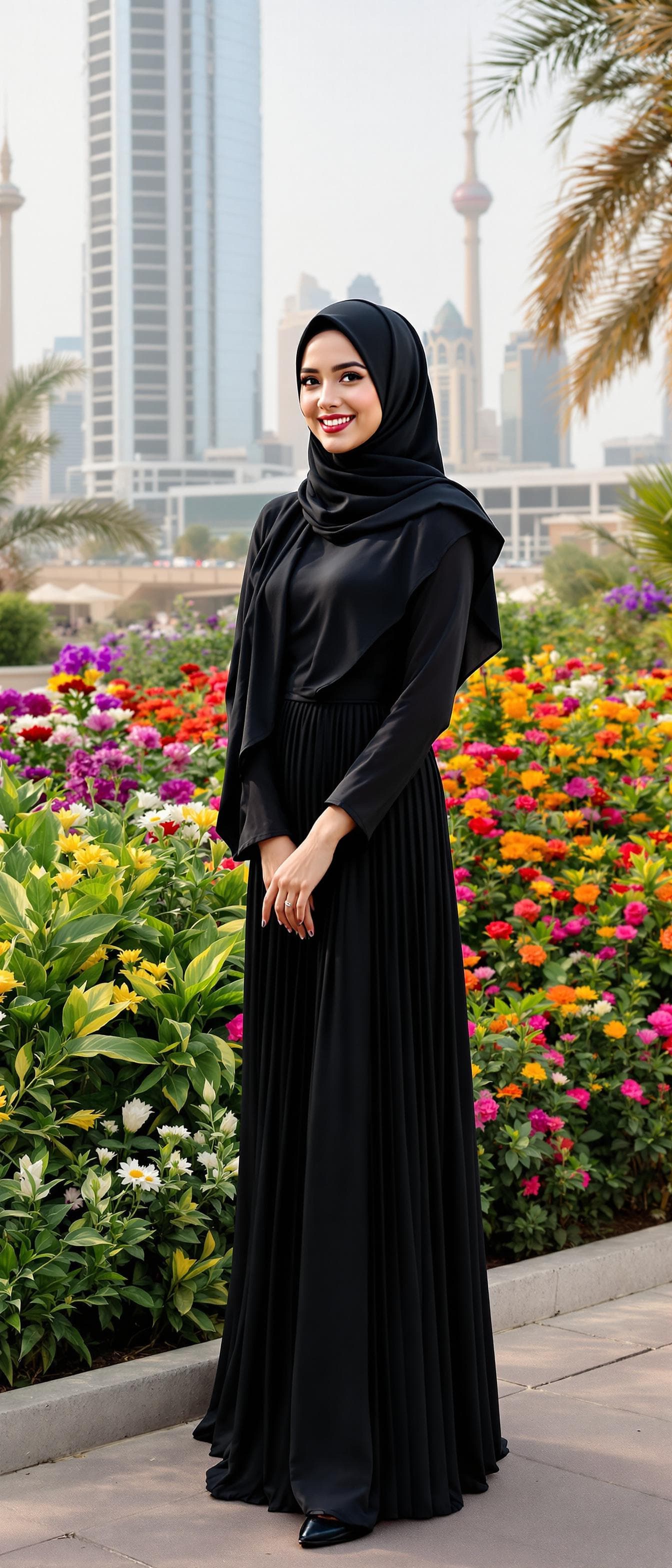 AI generated: realistic, beautiful Arabian woman, beautiful girl, shot front middle, full body, happy, black hijab...