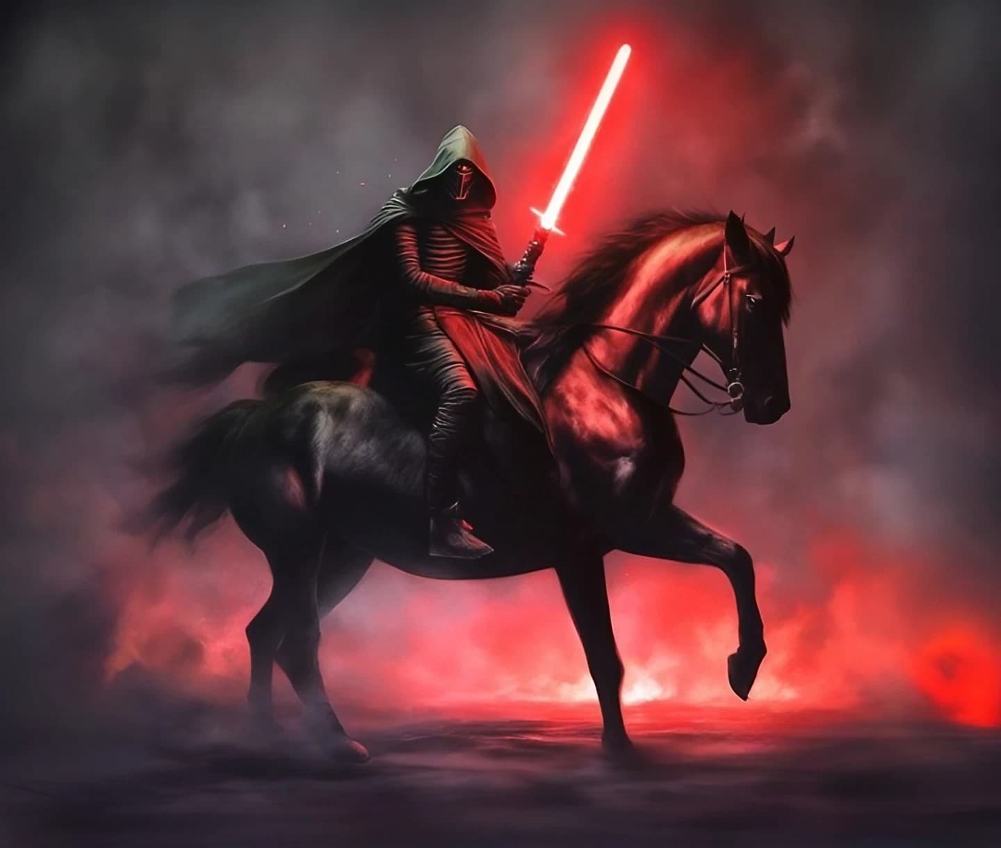 AI generated: Kylo Ren riding confidently atop the back of a majestic pony, his crimson lightsaber ignited and cas...