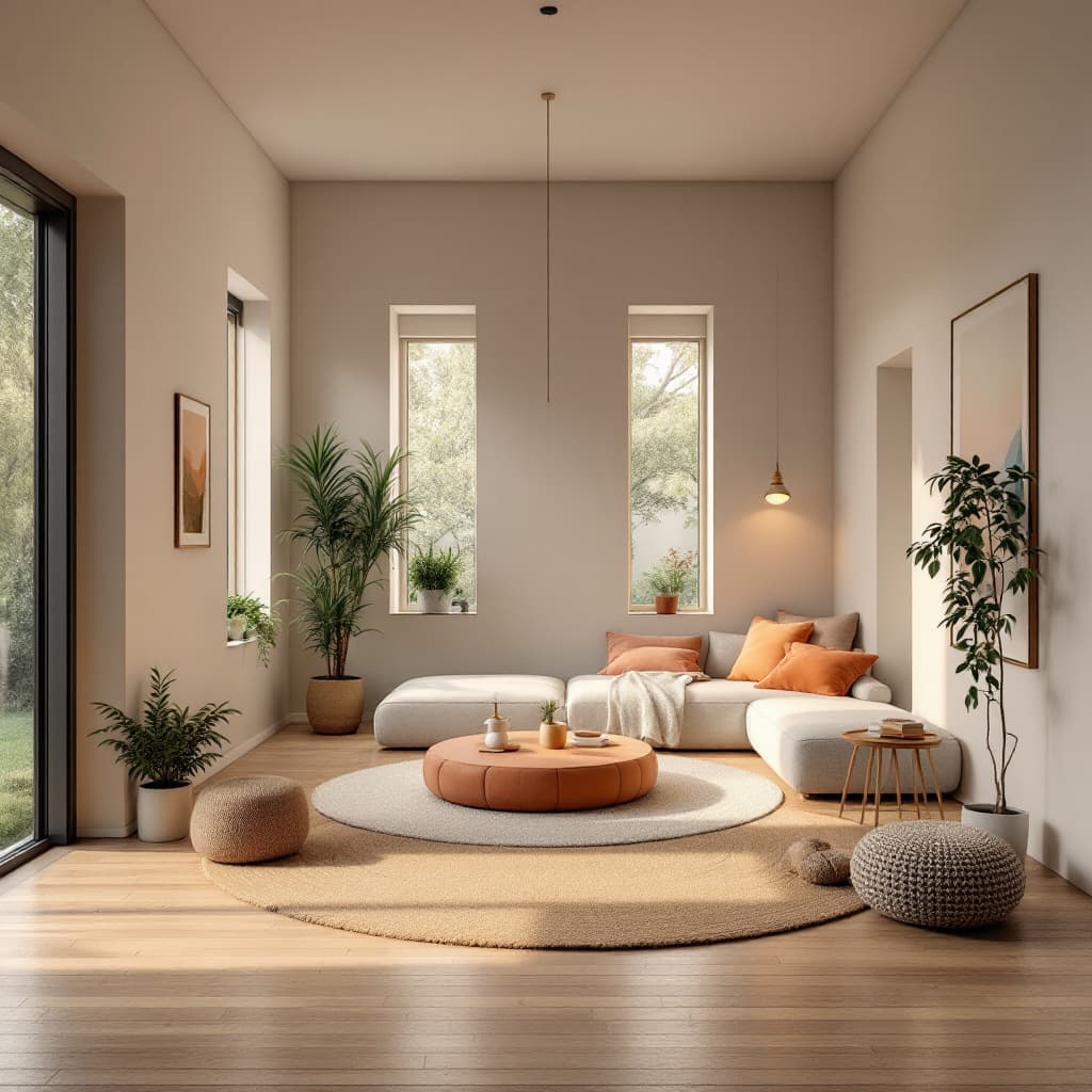 AI generated: High resolution photography interior design, dreamy sunken living room conversation pit, wooden floo...