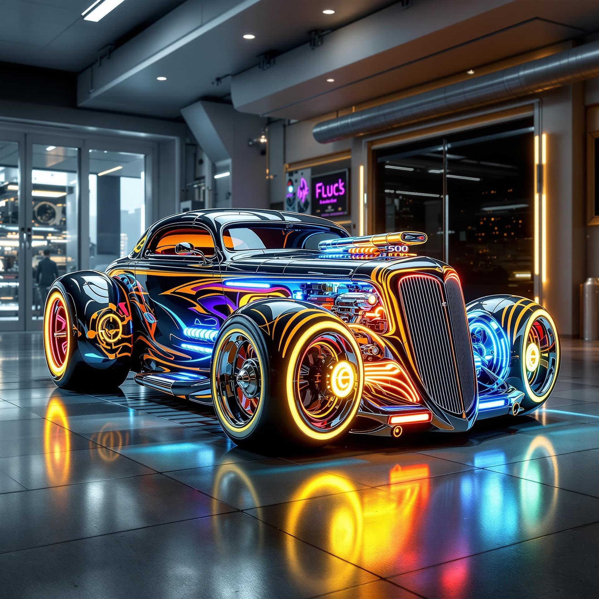 AI generated: Create a picture of a 1950's hot rod that is redesigned for today, blending classic vintage aestheti...