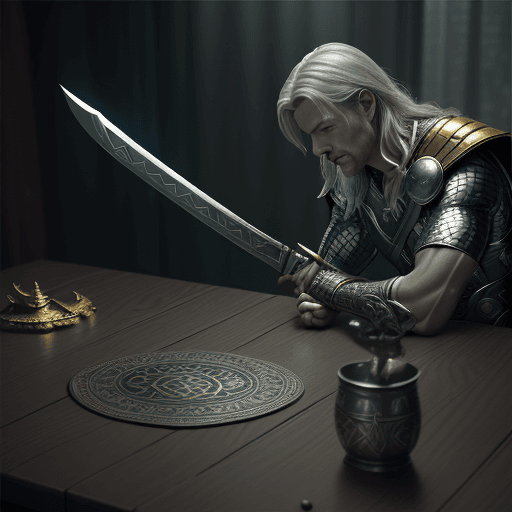 AI generated: sword on the table with the design and character of Thor The sword is gold and grey dark, no waterma...