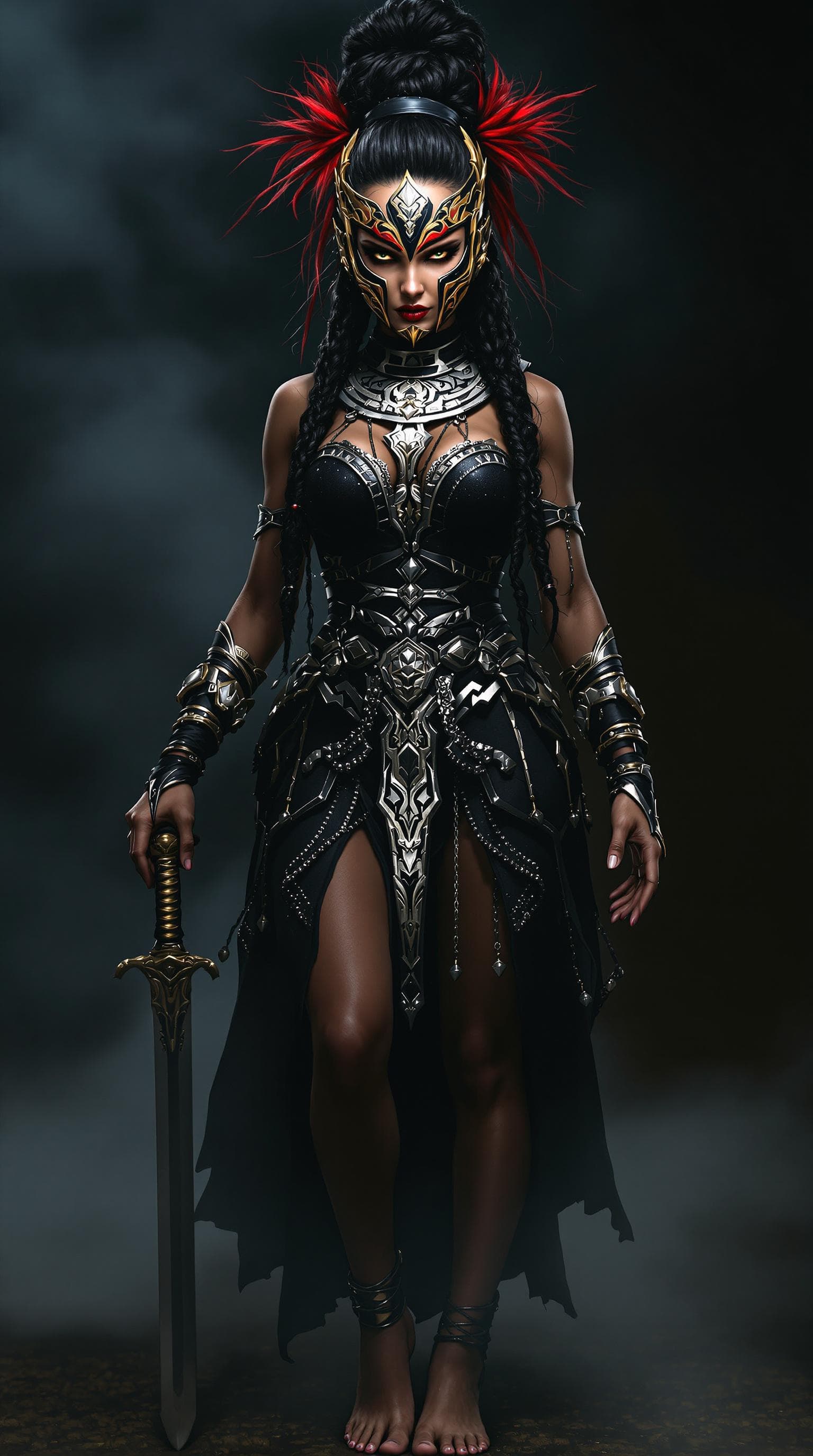 AI generated: Full-length portrait of a fierce female warrior with intense, striking eyes, wearing an elaborate bl...