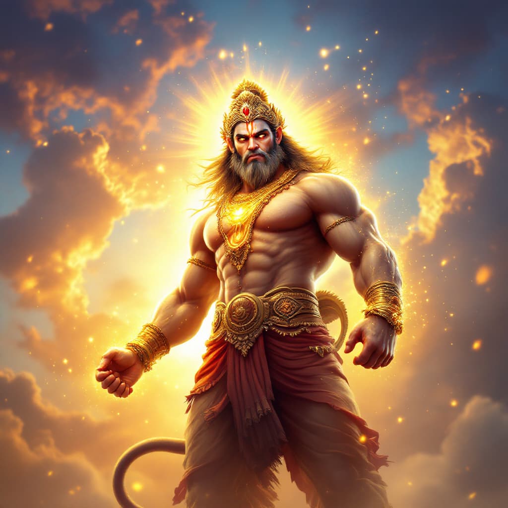AI generated: 

"A photorealistic 4K image of Lord Hanuman with a Hulk-like muscular and massive body, radiating i...
