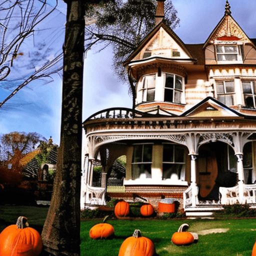AI generated: an old victorian house with pumpkins on the front lawn and trees in the, maximalism, pinterest, vict...