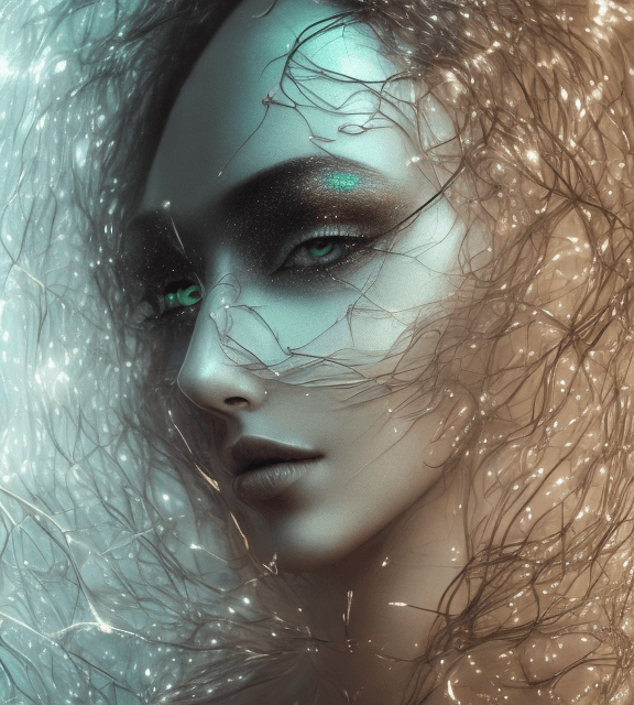 AI generated: Imaginative picture taken from above, beautiful  model with green eyes, golden wet skin, shiny hair ...