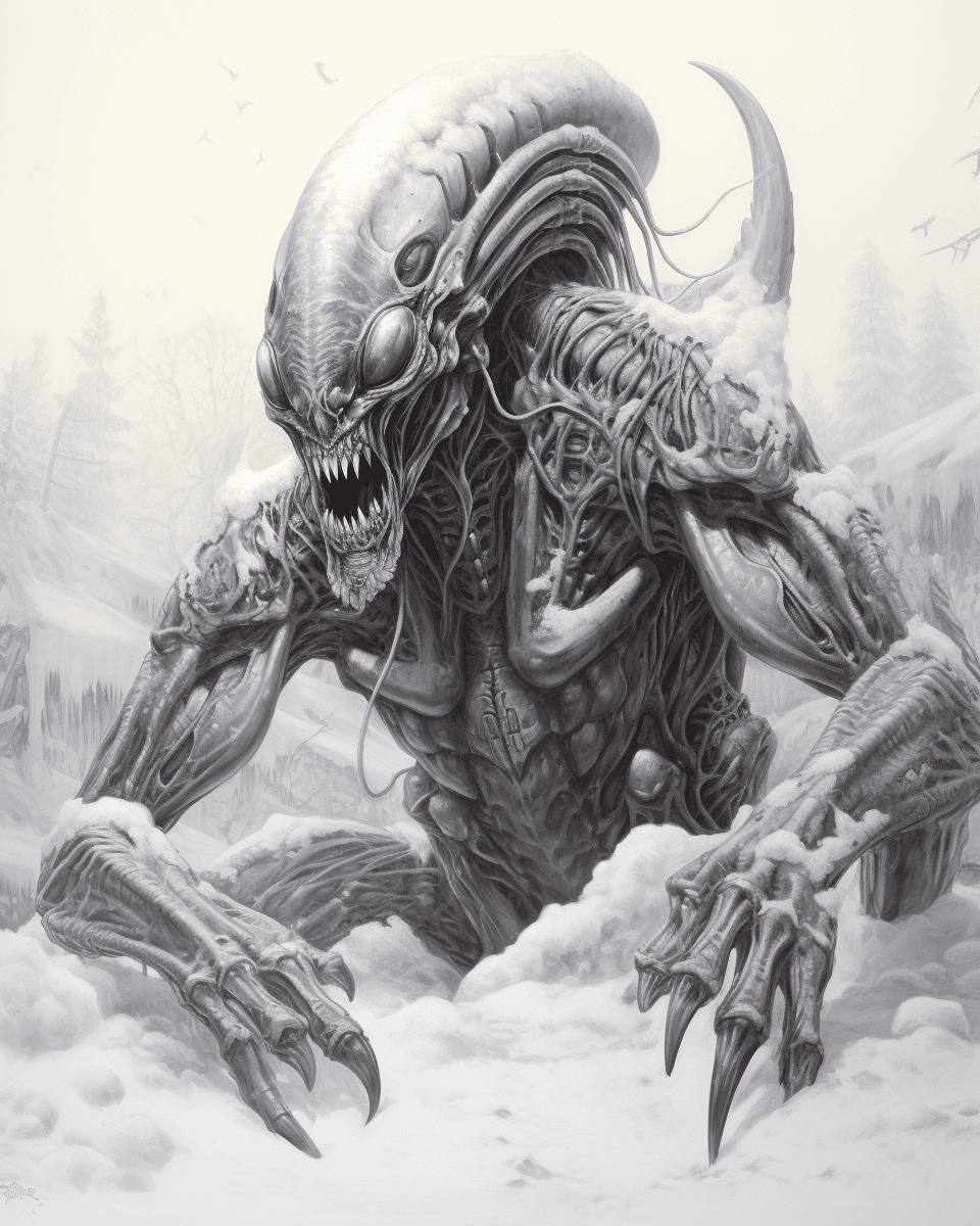 AI generated: A pencil drawing of an alien xenomorph with large tentacles and claws, laying on its back in the sno...