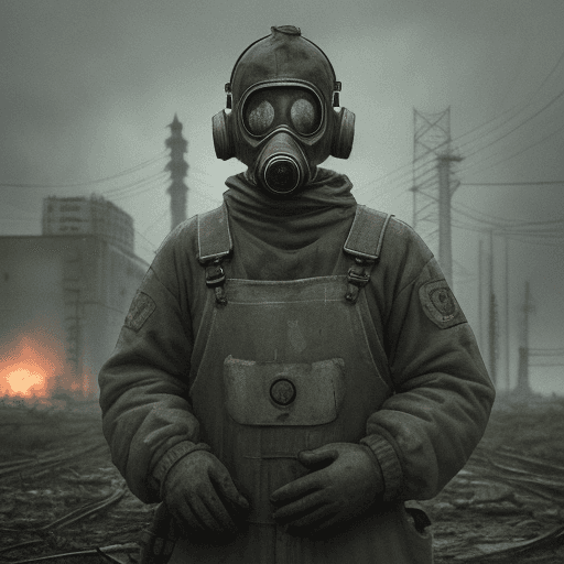 AI generated: Chernobyl nuclear power plant, gloomy atmosphere, one stalker, machine gun, gas mask, mutants around...