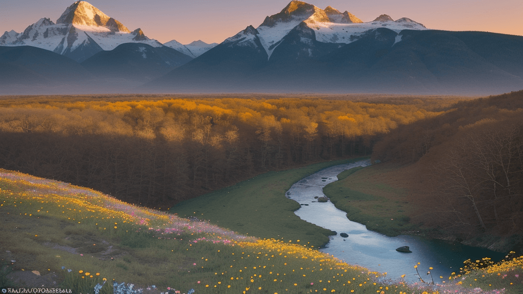 AI generated: bokeh, ​Visualize a breathtaking mountain landscape at sunset, where the last golden rays of light r...