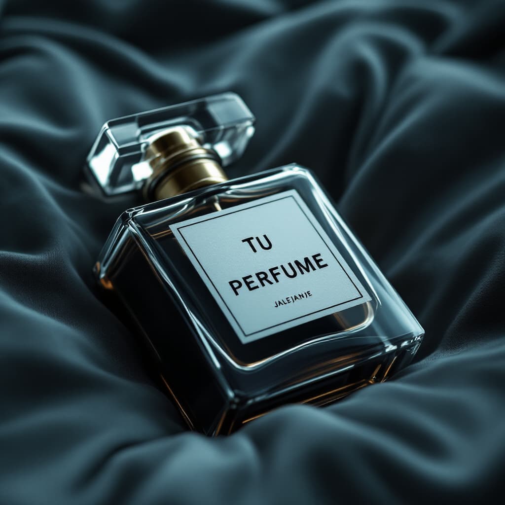 AI generated: Depressive sad perfume bottle, write "Tu Perfume" by Jalejanje eau de parfum, lying on bed hotel aft...