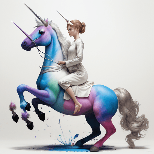 AI generated: a woman on her unicorn has painted it with colorful colors, in the style of petrina hicks, kim jung ...