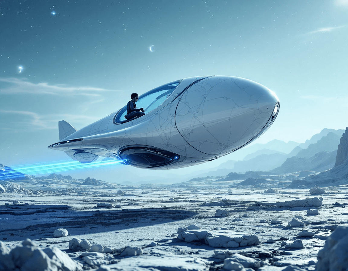 AI generated: A sleek futuristic hover-chariot forged from pure white marble and polished metal, floating gently a...