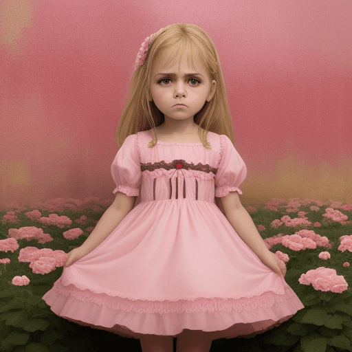 AI generated: una niña de ojos grandes ,rubia  con vestido rosado triste rodeada de muchas flores 