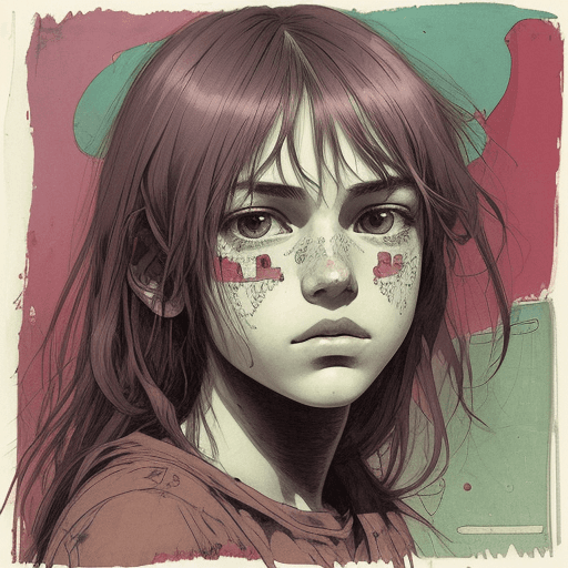 AI generated: print collage. one face of teenager. in the style of Moebius. lineart,  grunge beauty, colorfull. an...