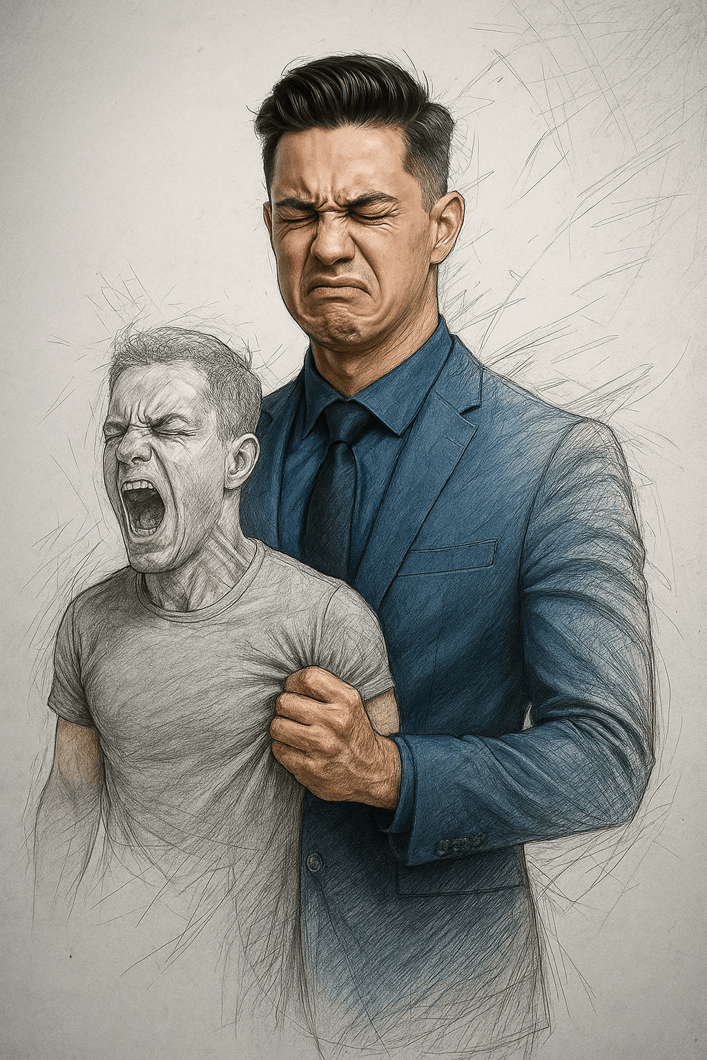 AI generated: "A surreal, hyper-realistic portrait of a man struggling with inner conflict, blending reality with ...