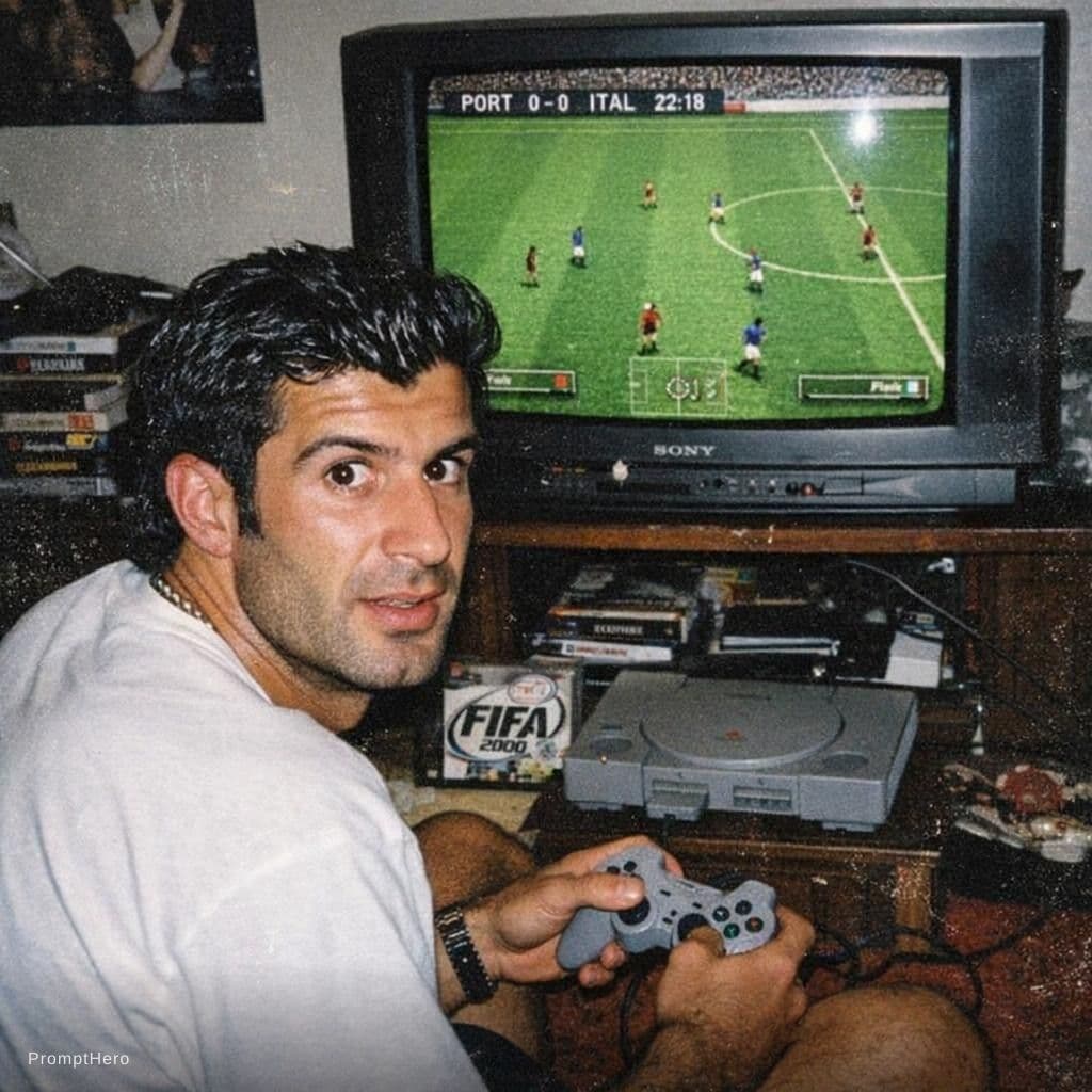 AI generated: Grungy analog photo of Luis Figo circa 2000 playing Fifa 2000 on Playstation 1 on a 90s CRT TV in a ...