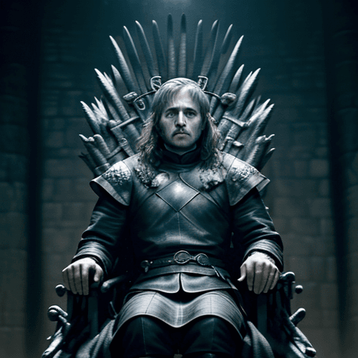 AI generated: Game Of Thrones tv still, woolf as king wearing a crown and sitting in a throne made of many swords,...