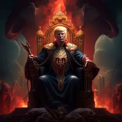 AI generated video: King Trump sits on his throne,  surround by demons yelling, fire erupts from behind the throne, as d...